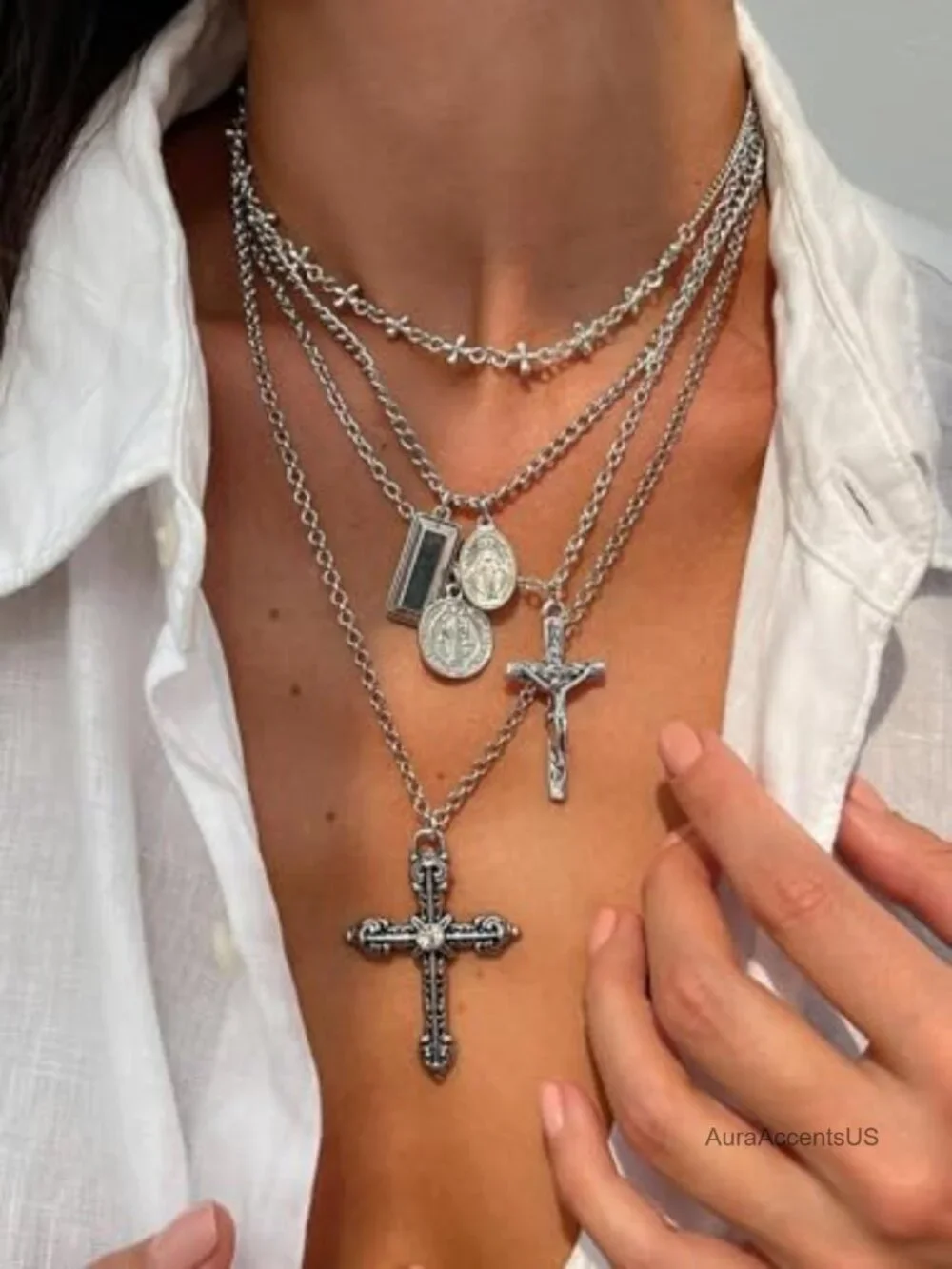 Layered Cross Necklace Set Unisex Gothic Punk Vintage Gold Silver Alloy Steel